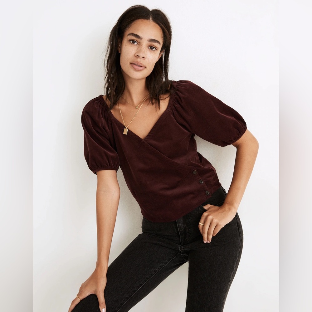 Madewell, Corduroy Puff-Sleeve Wrap Top
